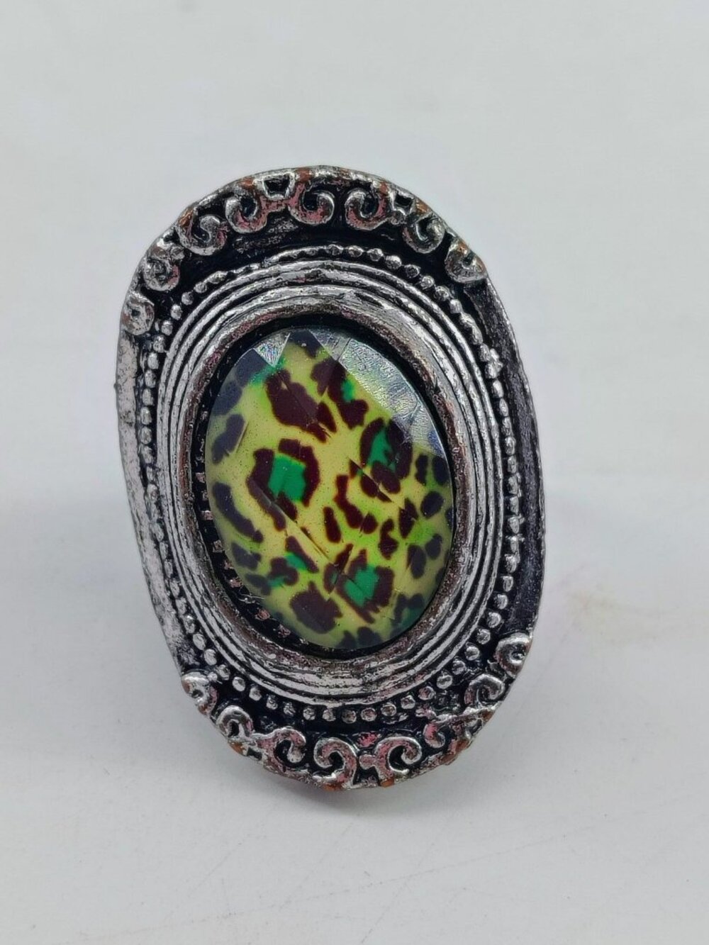 Fashion Leopard Print Statement Ring Adjustable Silver Tone Animal Pattern